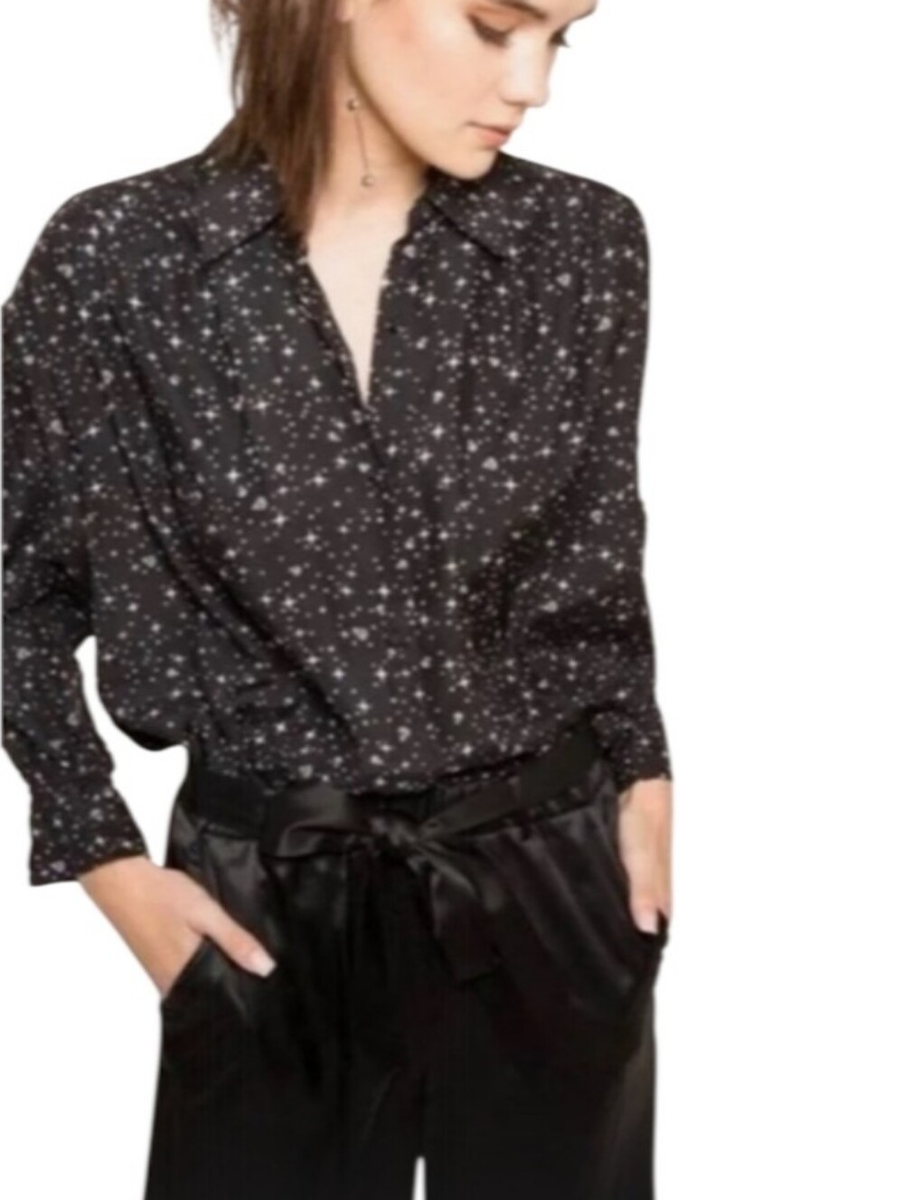 Frame Diamonds In The Sky Black Star And Diamond Print Button Front Silk Blouse